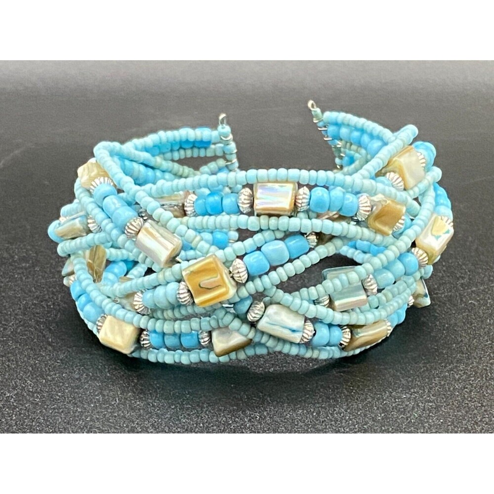 Braided Cuff Bracelet Turquoise Color and Shell Bead VINTAGE